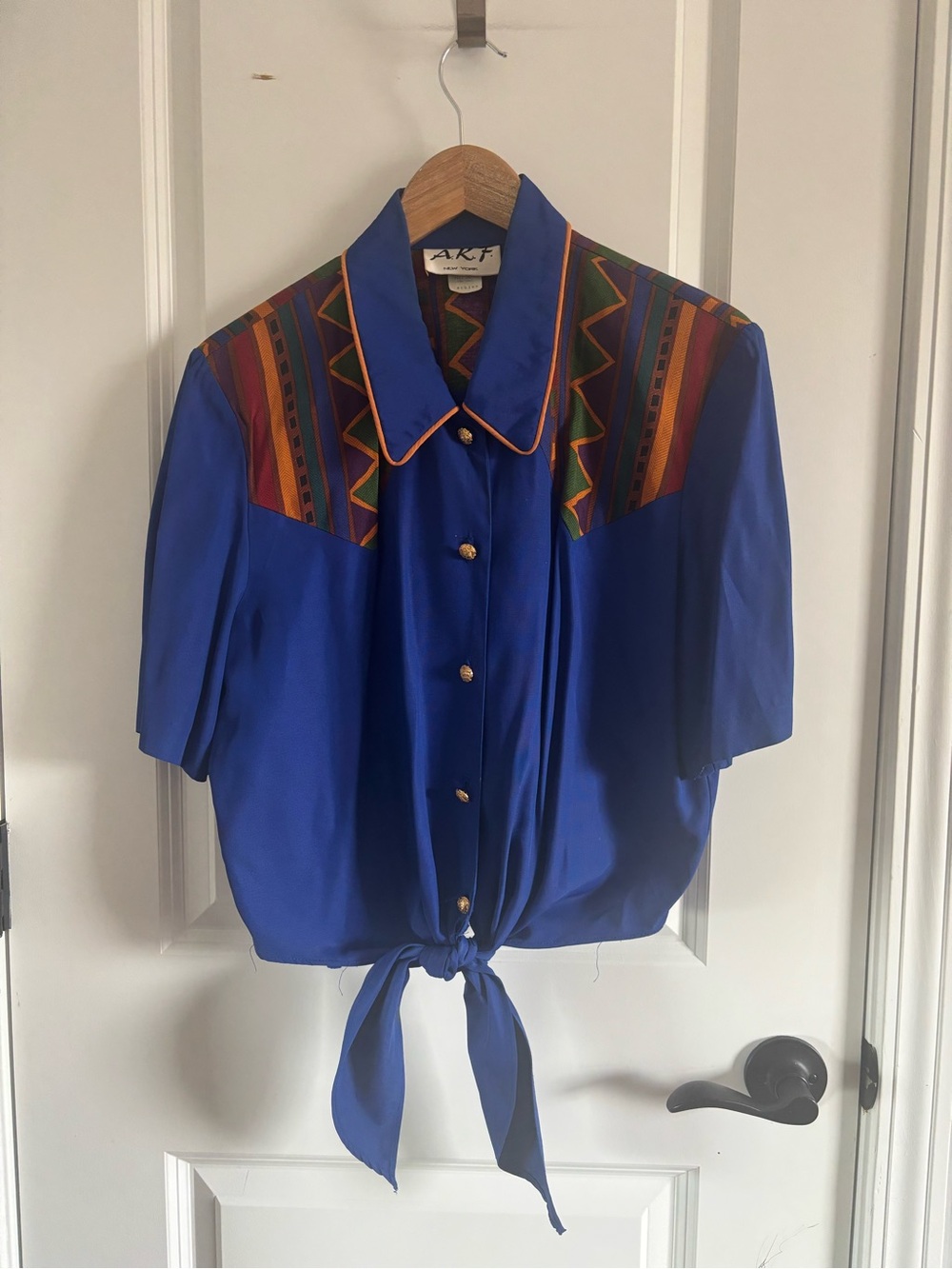 Vintage Royal Blue Tie-Front Western Yoke Top